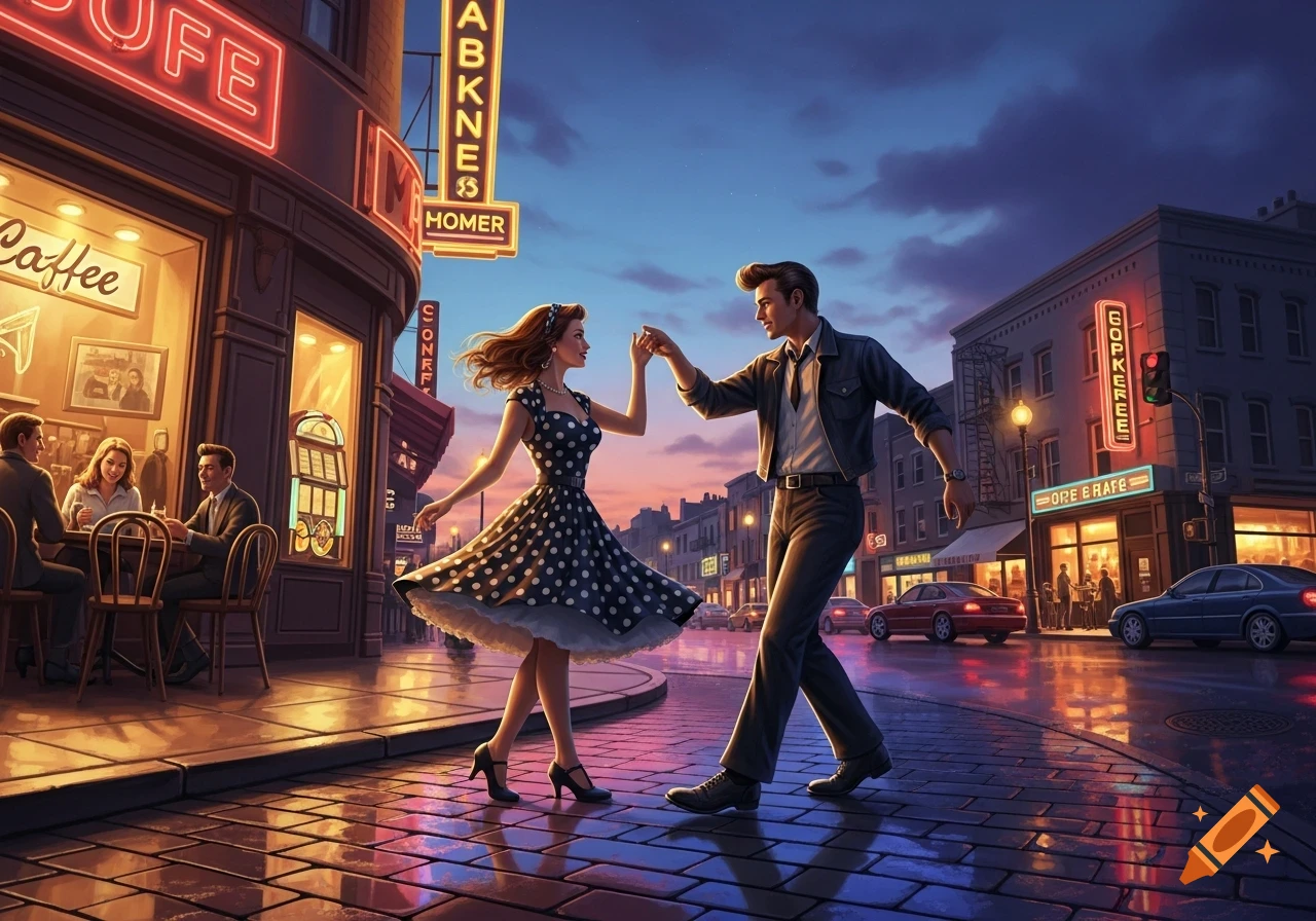 A retro-styled illustration of a couple dancing on a wet city street at dusk, surrounded by neon-lit cafes and buildings.