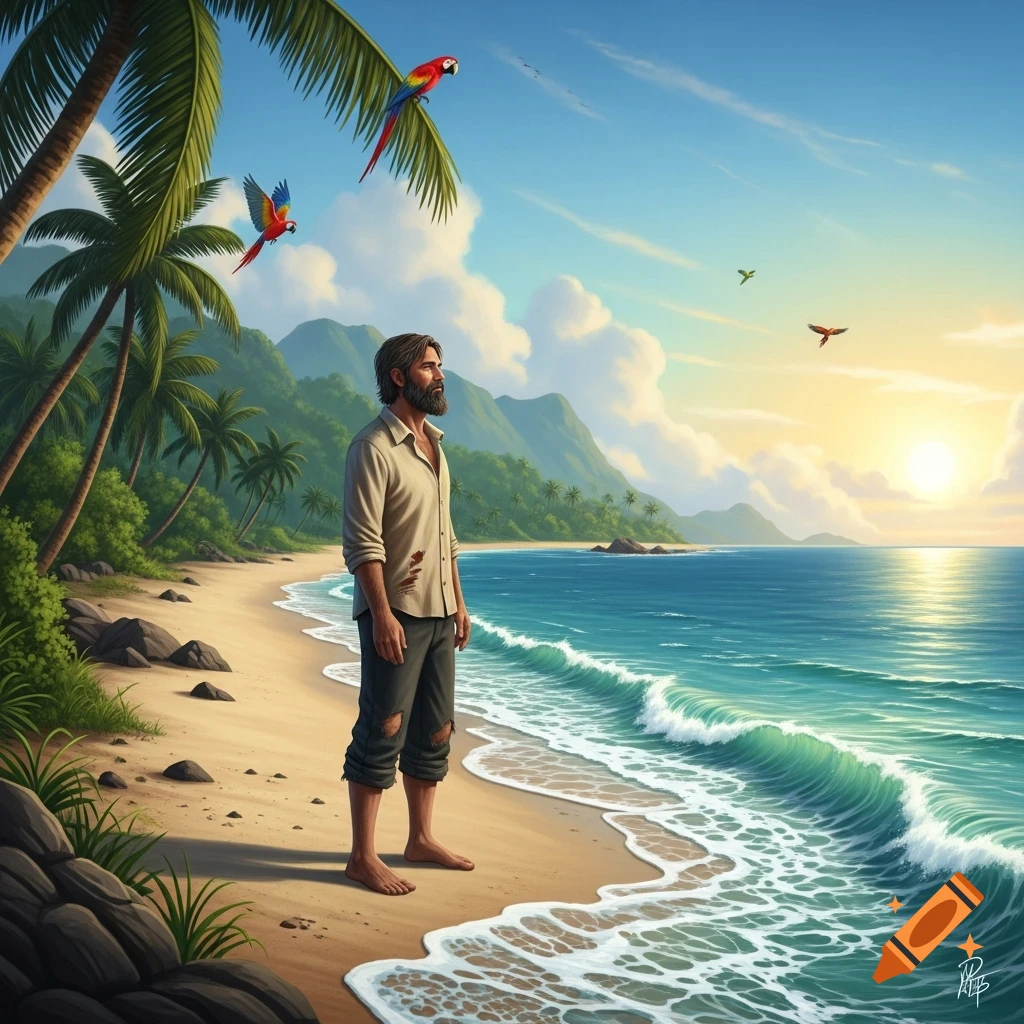 A bearded man stands barefoot on a sandy tropical beach, looking out at the turquoise ocean waves under a sunny sky with palm trees and mountains.