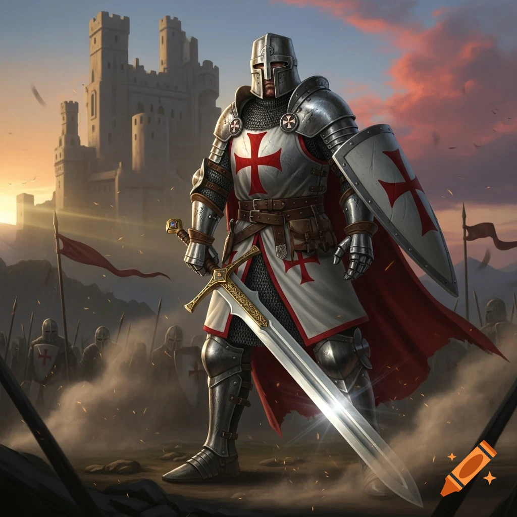 A templar knight in full shining armor with a red cross emblem stands with a large sword before a castle at sunset, other knights in background.