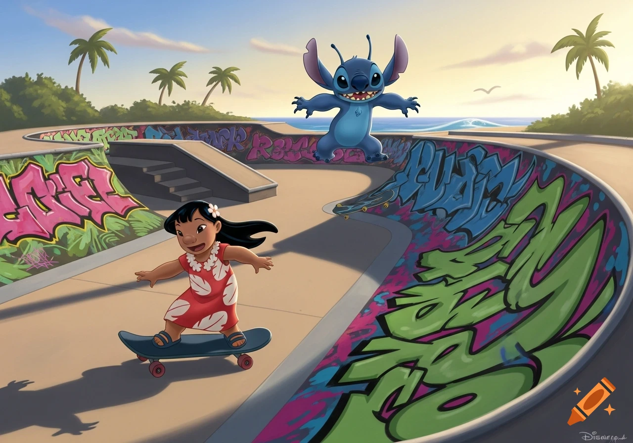 Lilo on a skateboard and Stitch floating above her in a colorful skate park with palm trees and an ocean view.