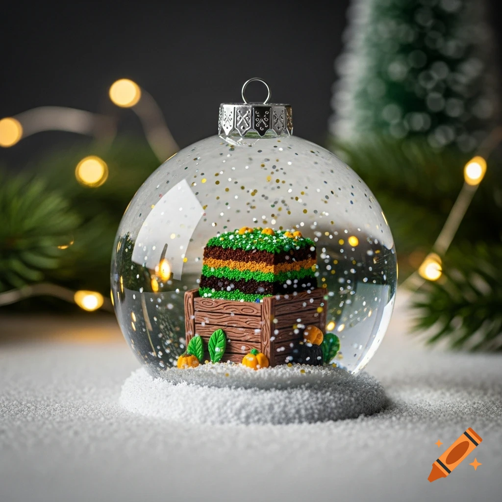 Photorealistic snow globe featuring a miniature compost bin, wooden crate, and small pumpkins on a snowy base, with festive lights.