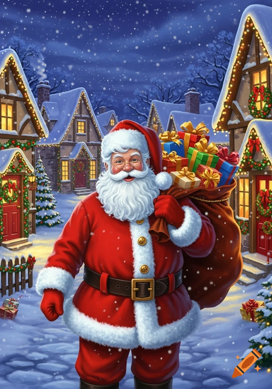 A festive illustration of Santa Claus carrying a large sack of gifts, walking through a snowy village at night with houses decorated with lights.