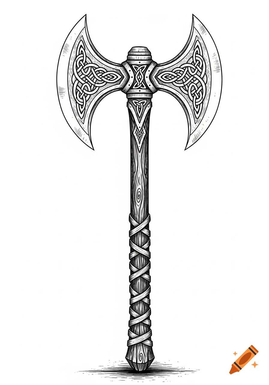 Black and white line drawing of a double-bladed battle axe with intricate Celtic knot designs on the blades and a textured handle.