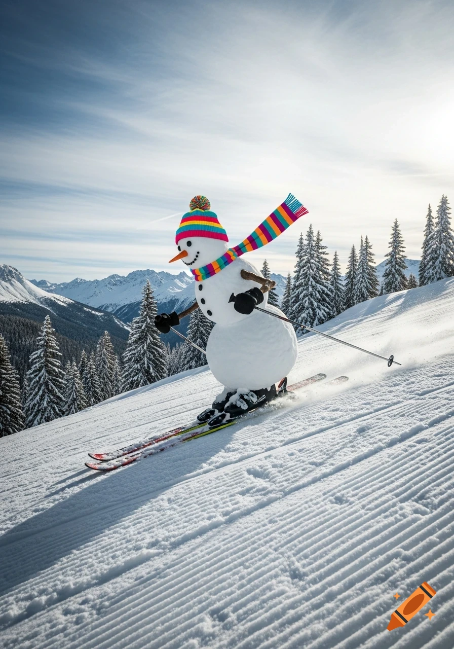 A photorealistic snowman wearing a colorful hat and scarf skis down a groomed snowy slope with pine trees and mountains under a blue sky.