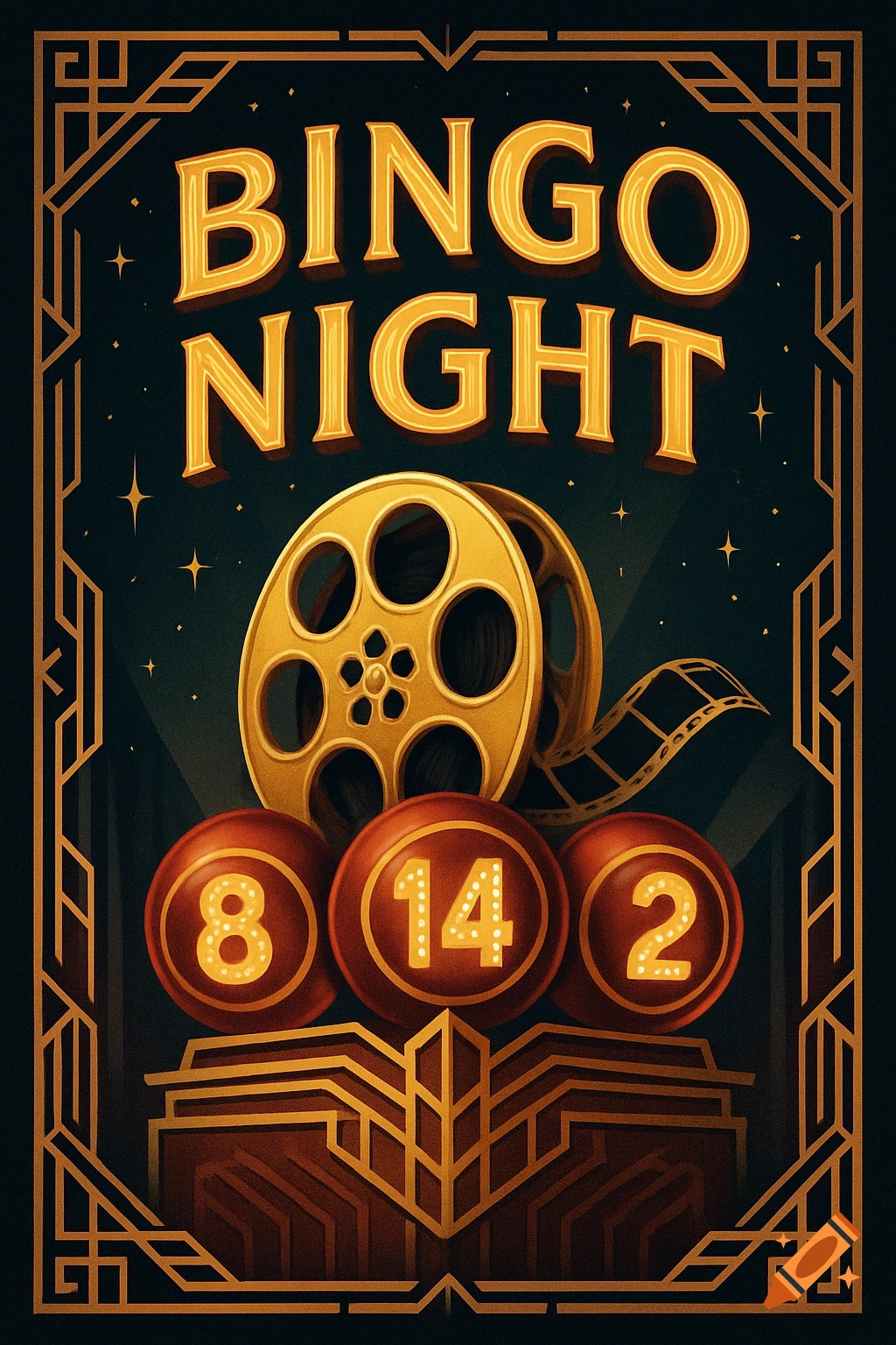 Art Deco style poster for "Bingo Night" featuring a gold film reel, red bingo balls with numbers 8, 14, 2, and a geometric border on a dark background.