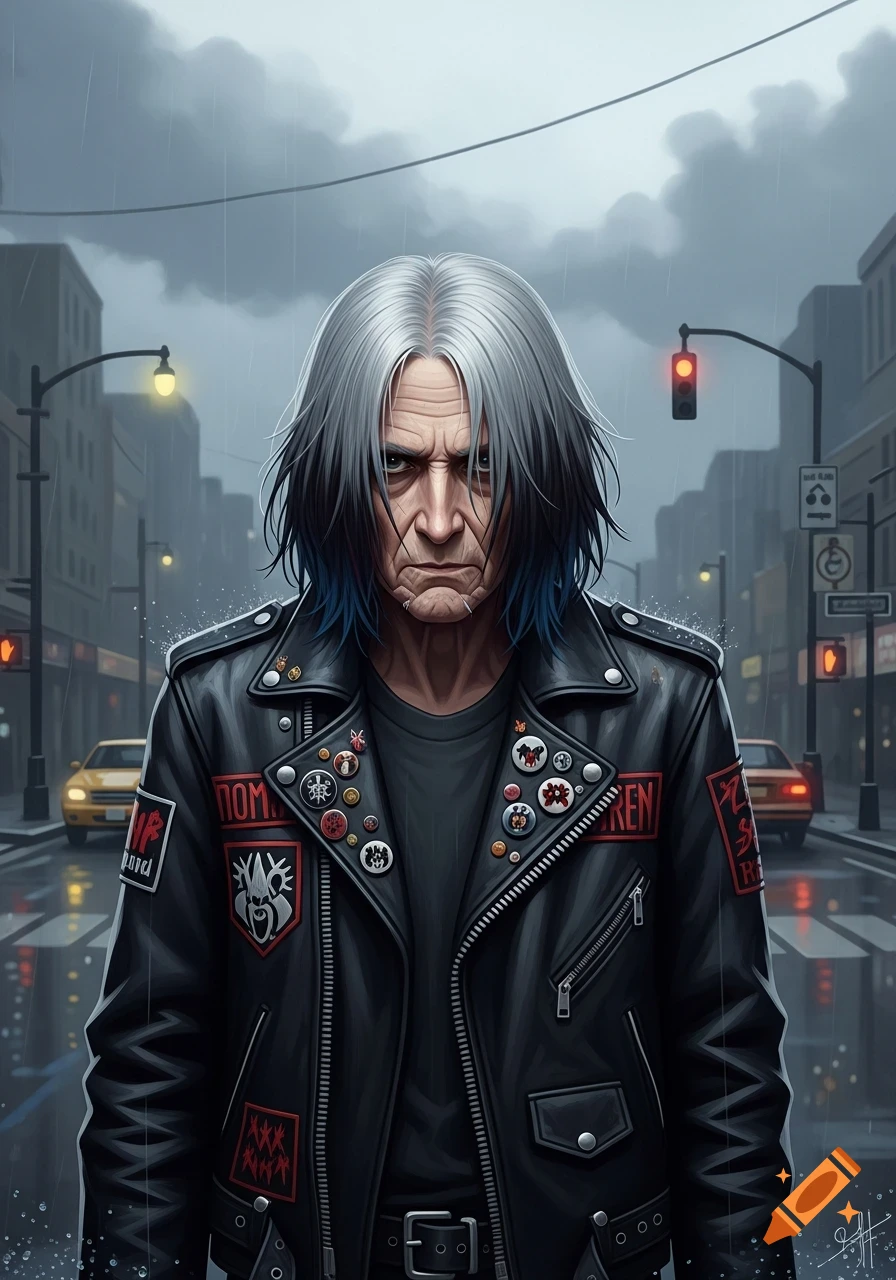 A grim-faced elderly person with long gray and blue hair, wearing a patched punk leather jacket, stands in a rainy city street.