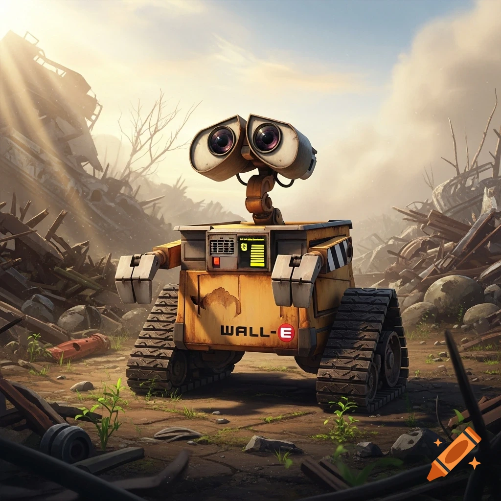 The robot WALL-E stands in a sunlit junkyard filled with debris under a hazy sky.