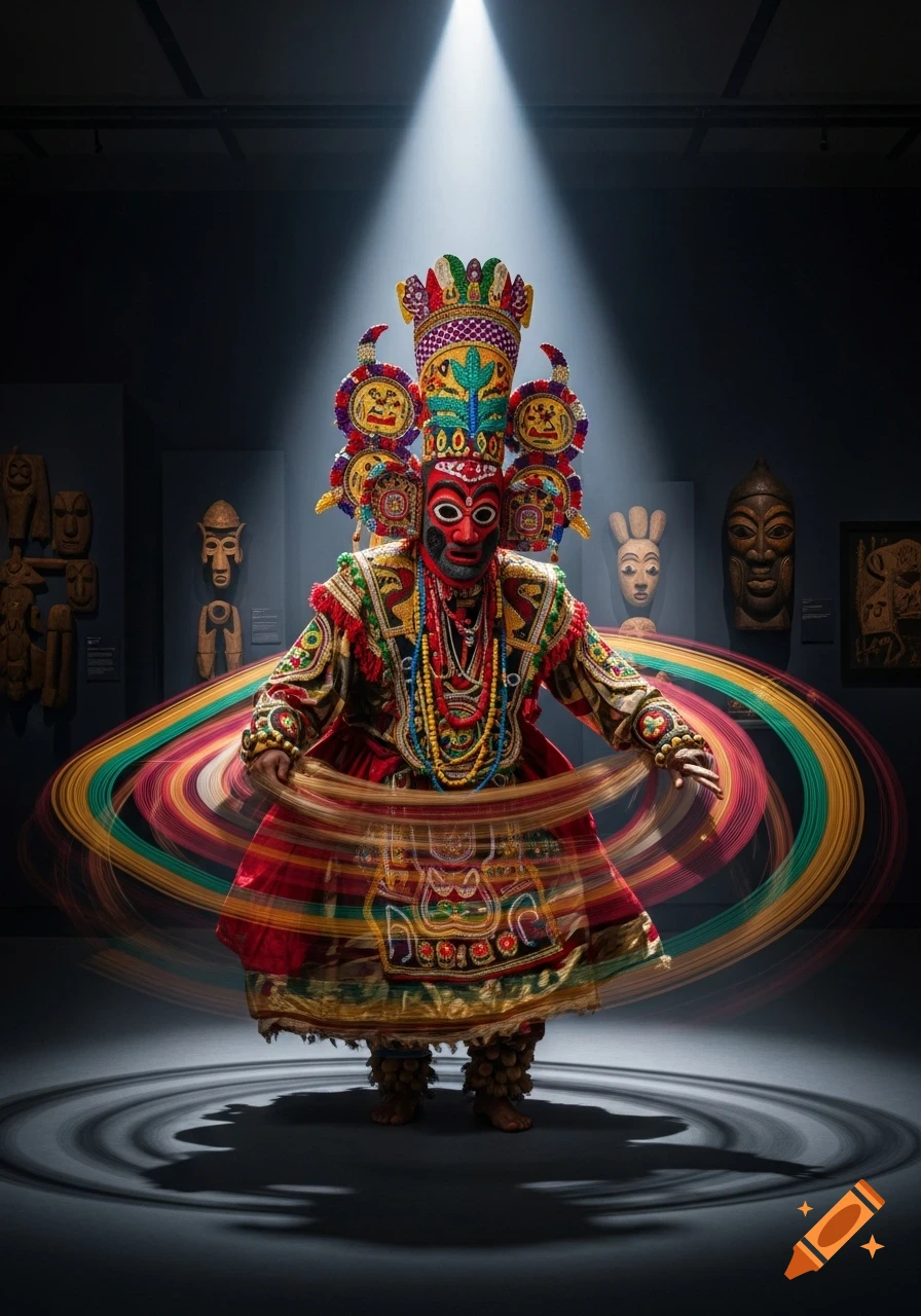 A person in a vibrant red mask and colorful, beaded Igbo masquerade costume dances under a spotlight, creating light trails in a dark museum setting.