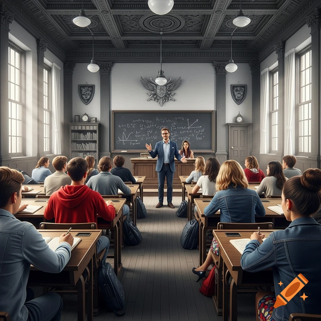A colorized professor lectures a classroom of colorized students in a black and white, classic college setting with a chalkboard.
