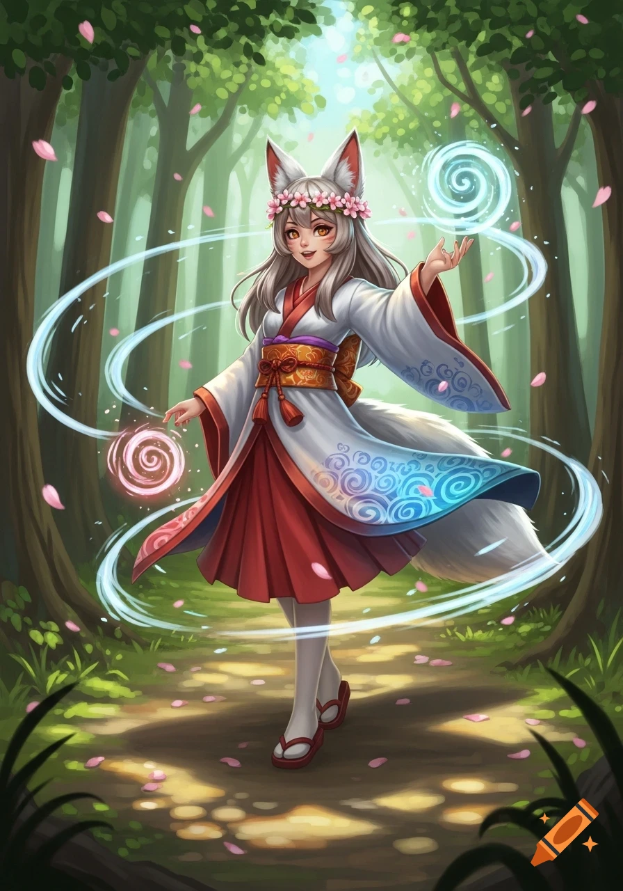 Cute anime kitsune girl with flower crown and fox tail in a white and red outfit, surrounded by magic energy swirls in a forest.