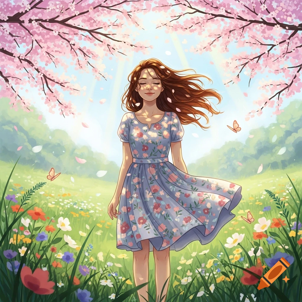 An anime girl with brown hair in a floral dress stands in a wildflower field under pink cherry blossoms, sunlight shining through.