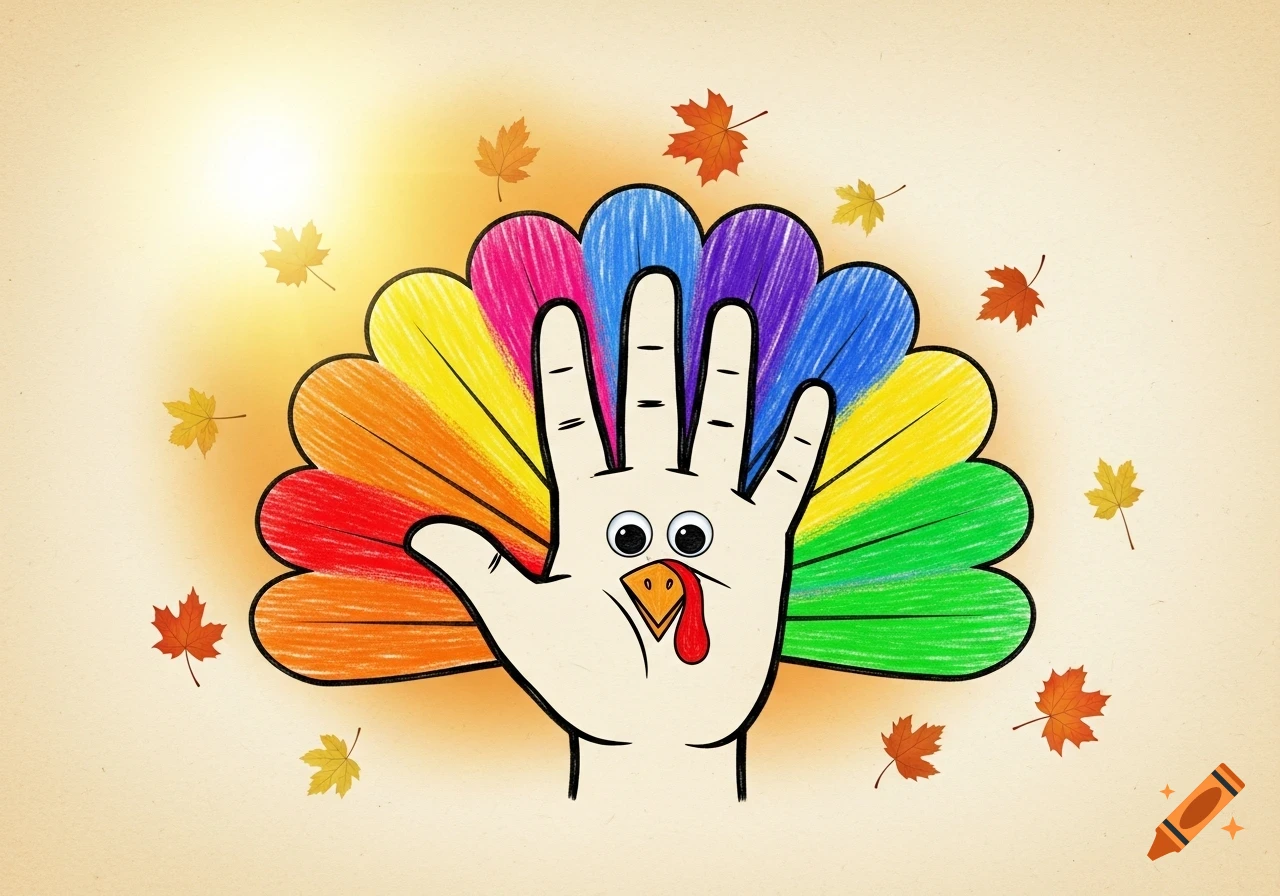 A colorful hand turkey drawing with rainbow crayon-like feathers made from outstretched fingers, set against a warm background with falling autumn leaves.
