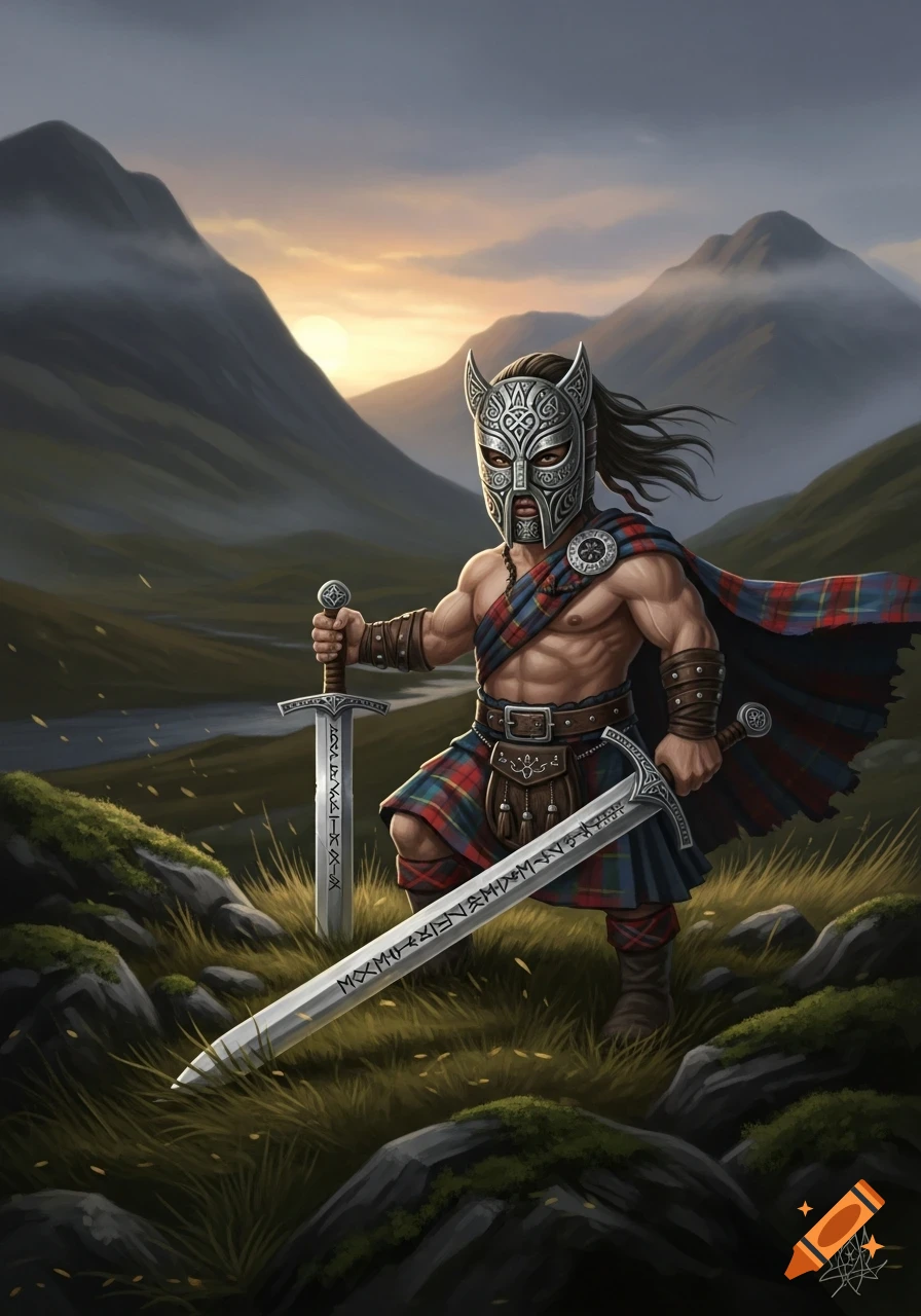 A muscular Scottish warrior in a horned helmet and kilt, holding two swords, stands in a misty mountain landscape.