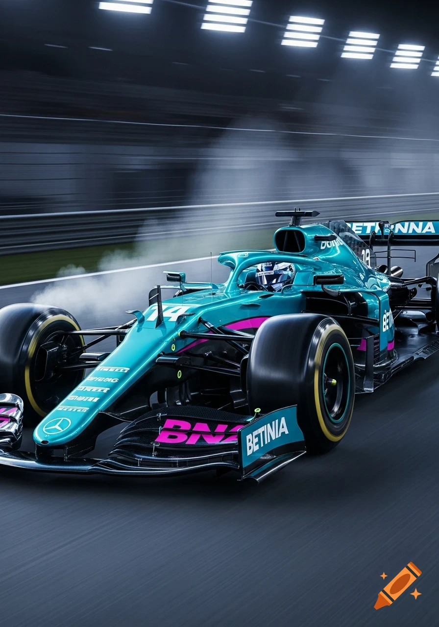A turquoise Formula One race car with hot pink and black accents speeds on a dark track under stadium lights, leaving a smoke trail.