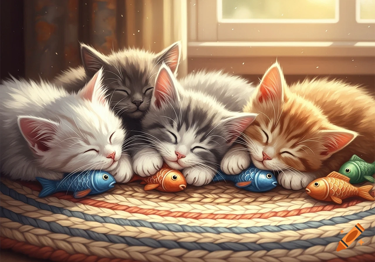 Four fluffy kittens in different colors sleep soundly on a braided rug, each cuddling a fish toy.