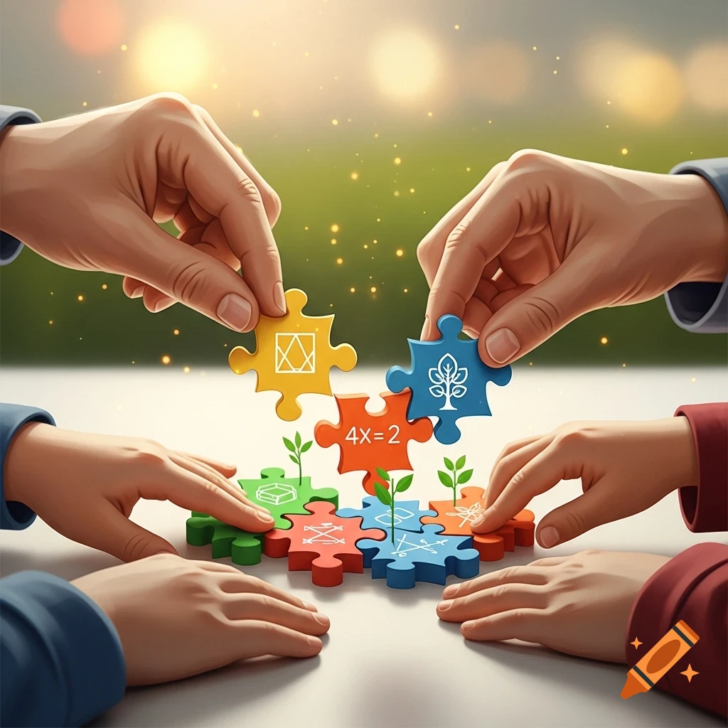 Multiple hands assemble colorful puzzle pieces with symbols and '4X=2', representing learning and collaboration, with green sprouts on a bright background.