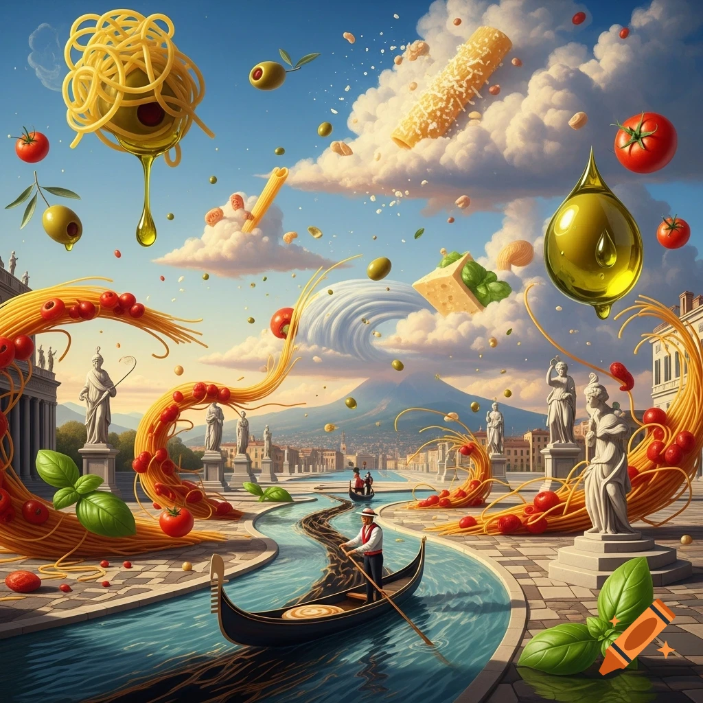 A vibrant surreal landscape depicts an Italian city with a gondola on a canal, surrounded by giant floating pasta, tomatoes, olives, cheese, and olive oil under a cloudy sky.