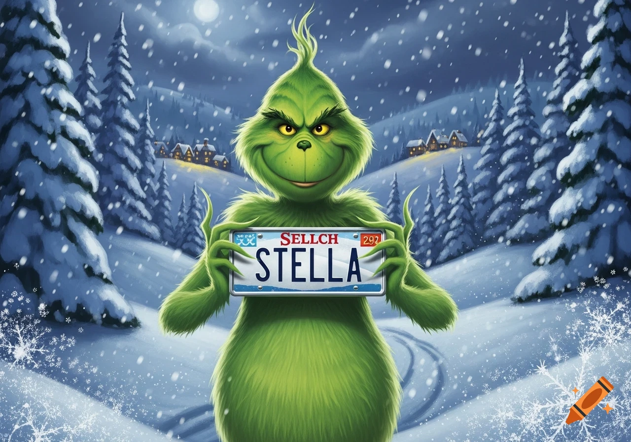 The Grinch stands in a snowy forest at night, holding a license plate that reads "STELLA." Houses are visible in the distance.