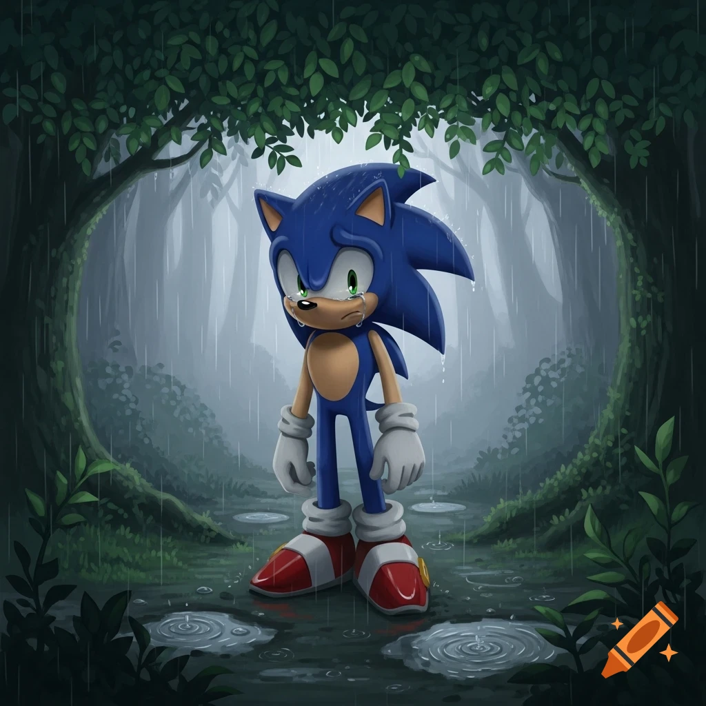A sad, crying Sonic the Hedgehog stands in a dark, rainy forest with puddles on the ground.