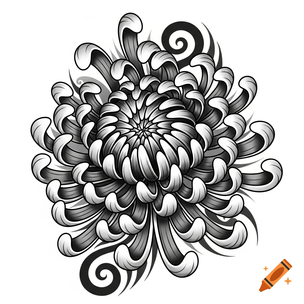 A detailed black and grey chrysanthemum in a traditional Japanese tattoo art style.