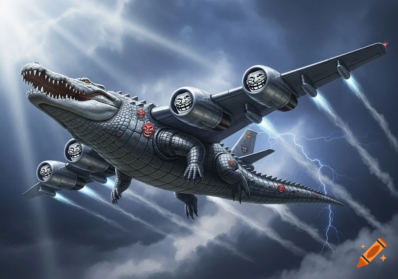 A metallic crocodile with jet engines featuring Troll face memes flies through a stormy sky, resembling an aircraft.
