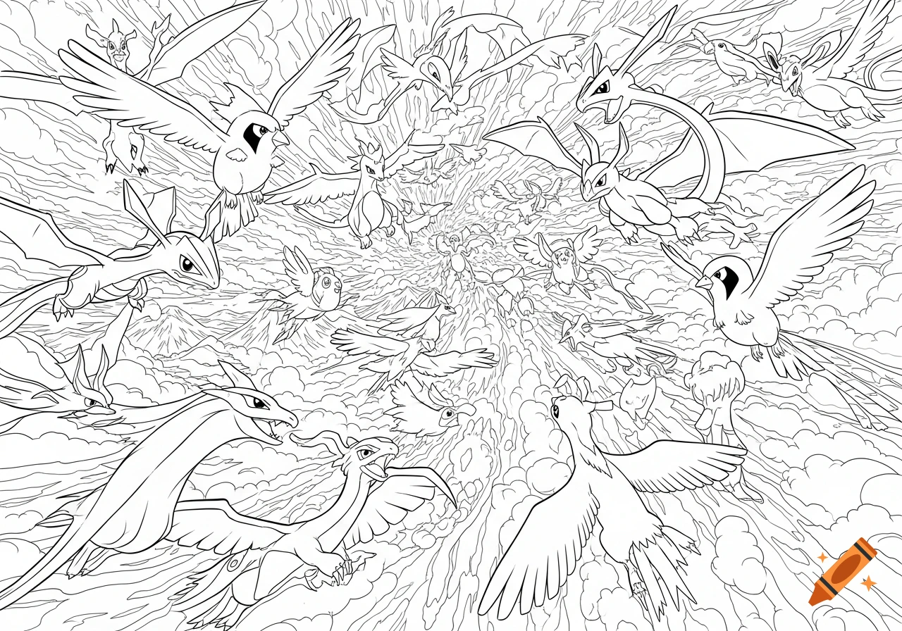 Black and white line art coloring sheet with many flying Pokemon soaring through a cloudy sky.
