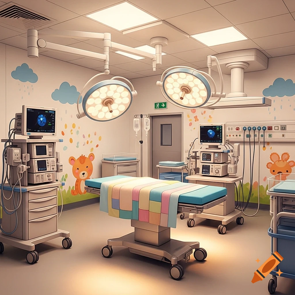 A bright, clean, child-friendly operating room with colorful wall decals, medical equipment, and an operating table. Photorealistic style.