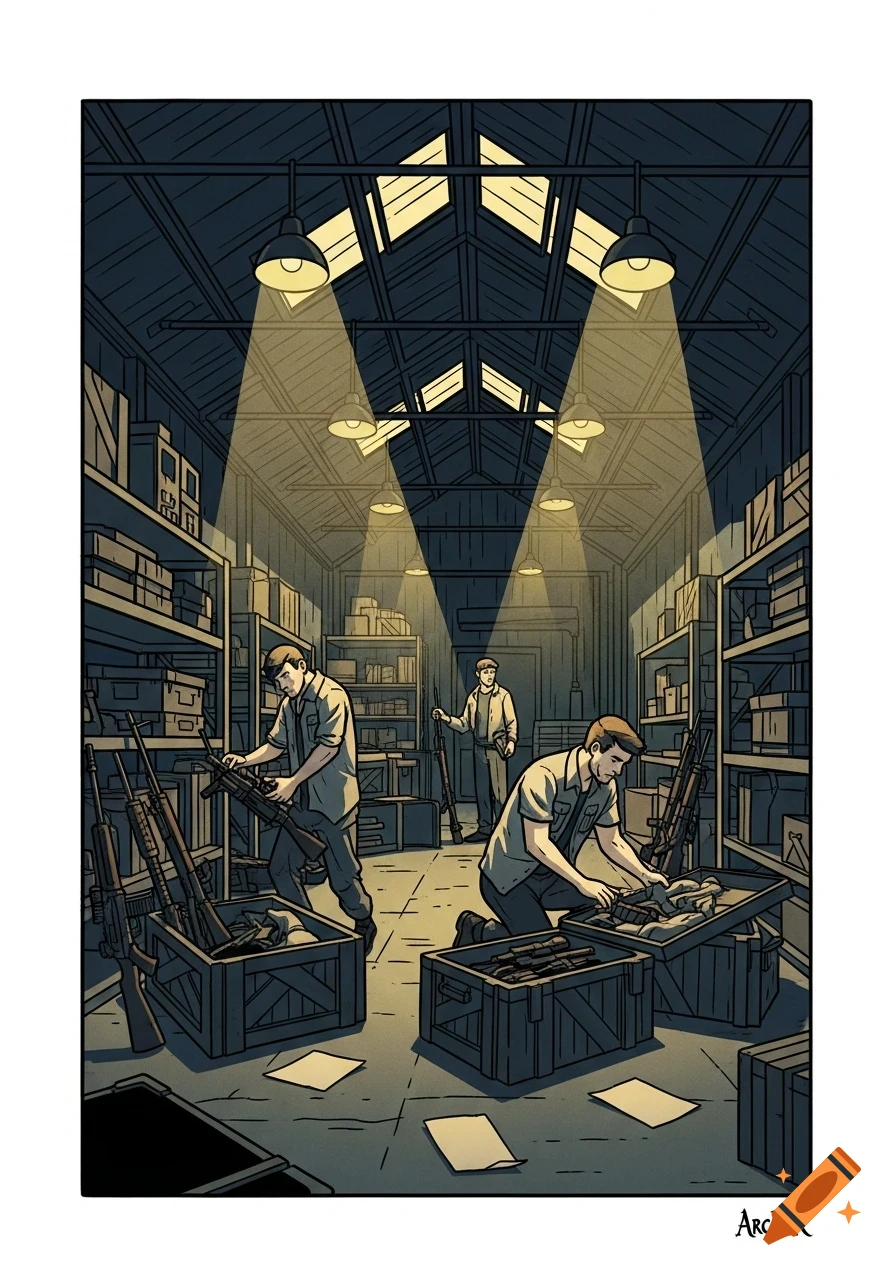Three men inspecting rifles and crates in a dimly lit industrial warehouse, in a graphic novel style.