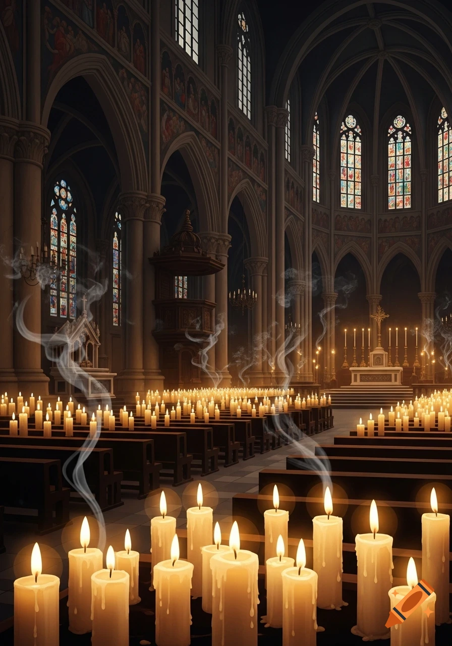 A dimly lit Gothic church interior with an altar, pews, and hundreds of lit candles, with smoke rising, creating a solemn atmosphere.