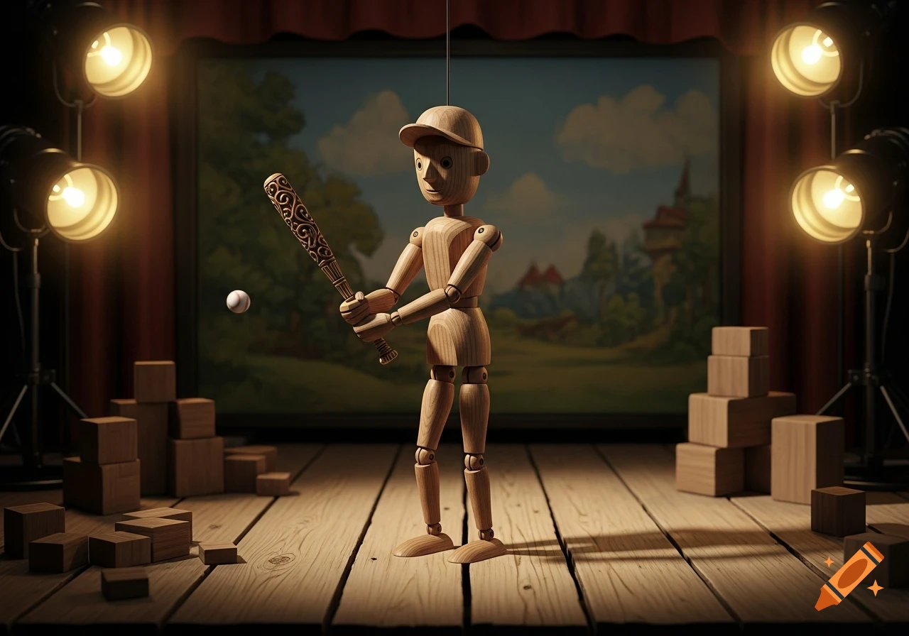 A wooden puppet in a baseball cap holds a bat, poised to hit a baseball on a stage with spotlights and a painted landscape backdrop.