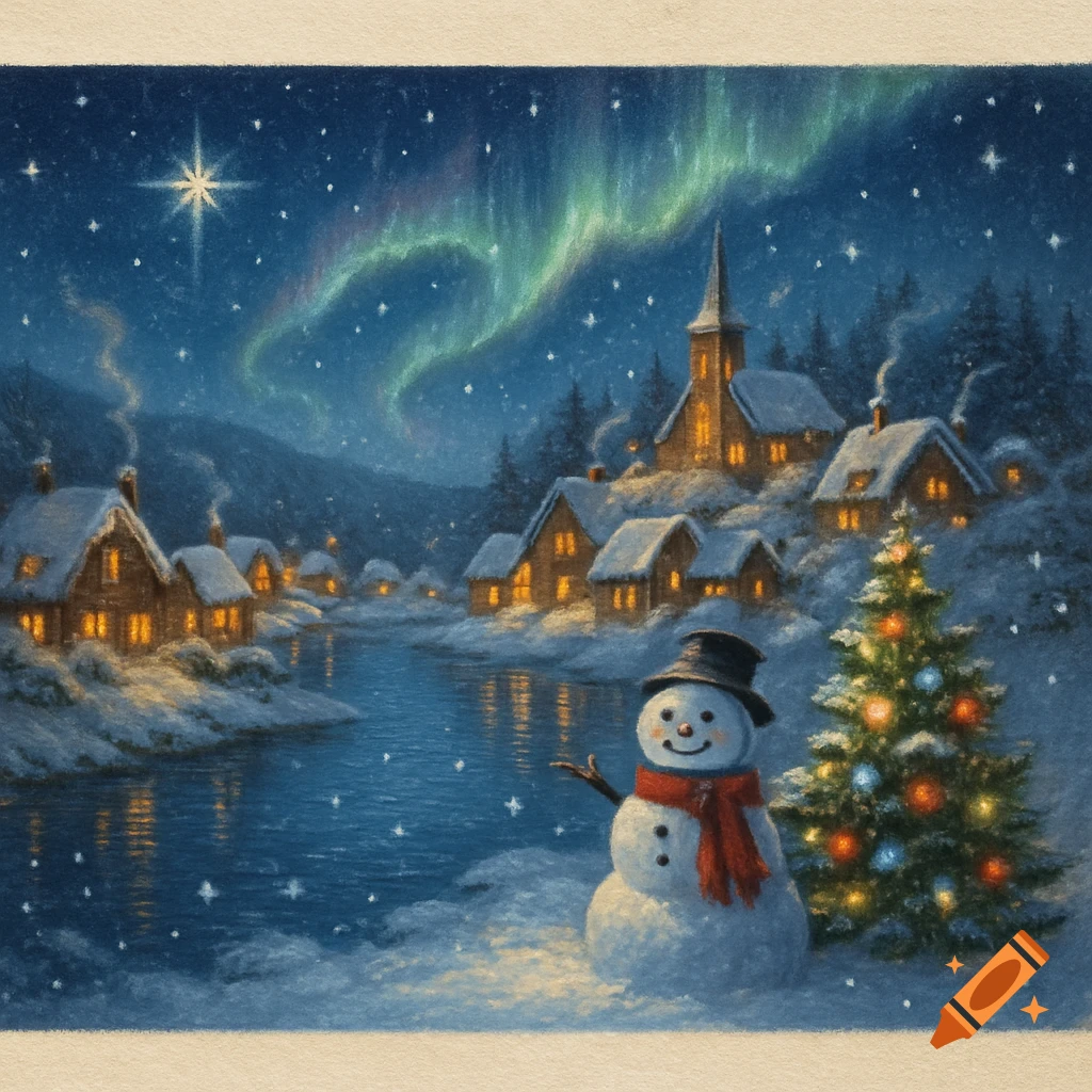 A snowy winter village with glowing lights by a river, under an aurora borealis sky, with a smiling snowman and a decorated Christmas tree.