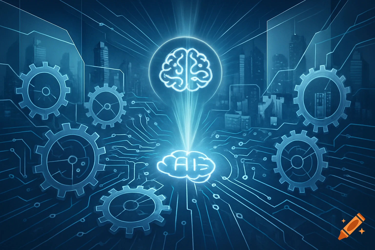 Stylized blue illustration of a glowing brain connected by light to a cloud with 'AI=', surrounded by gears, circuits, and a city silhouette.
