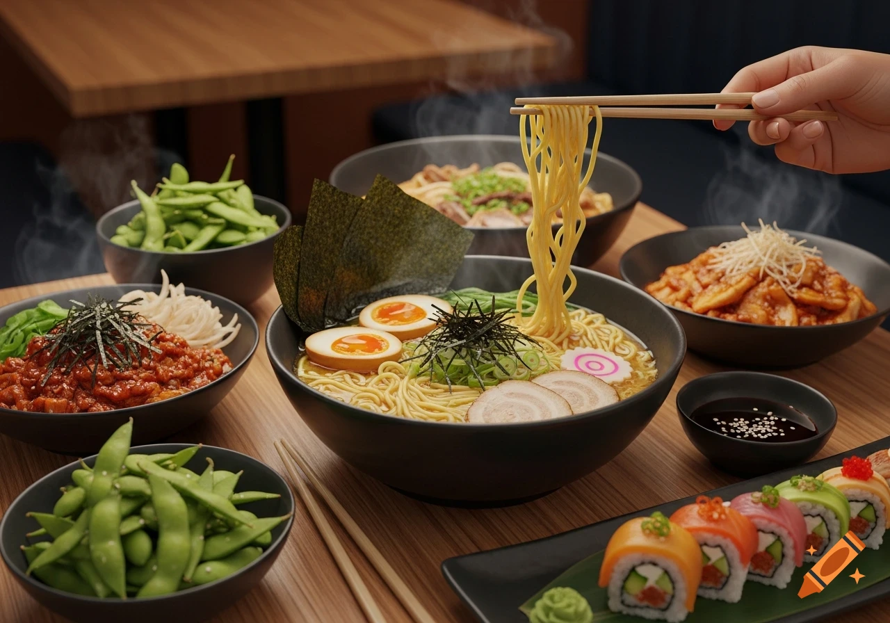 A spread of Japanese dishes on a wooden table, featuring a hand lifting noodles from a ramen bowl, alongside sushi, edamame, and other bowls.
