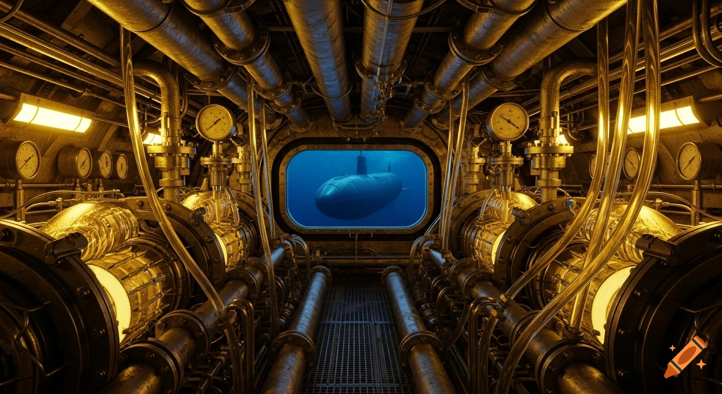 Photorealistic view from inside a submarine engine room, with golden pipes, gauges, and a porthole showing another submarine in deep blue water.
