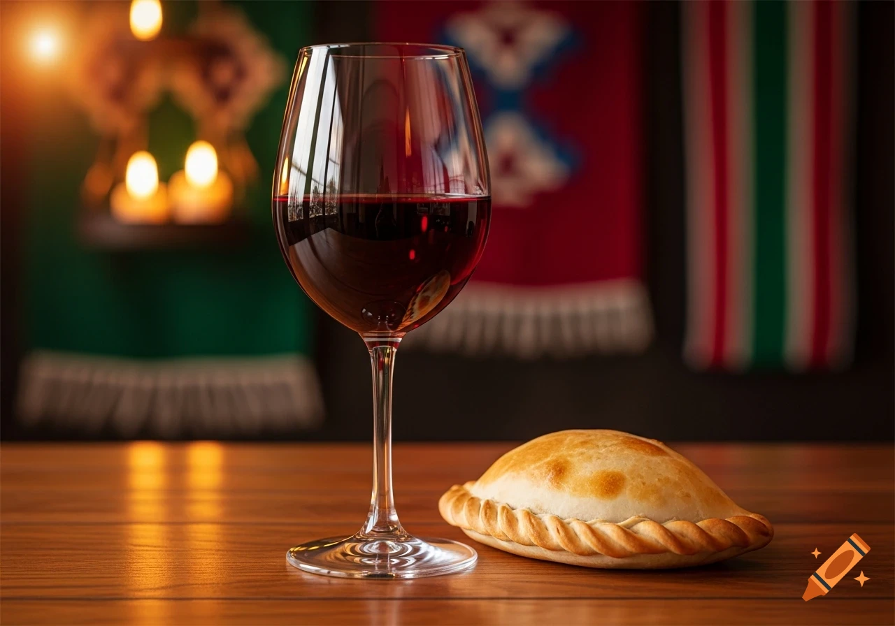 A glass of red wine and a baked empanada on a wooden table, with warm lighting and blurred decorative textiles in the background.