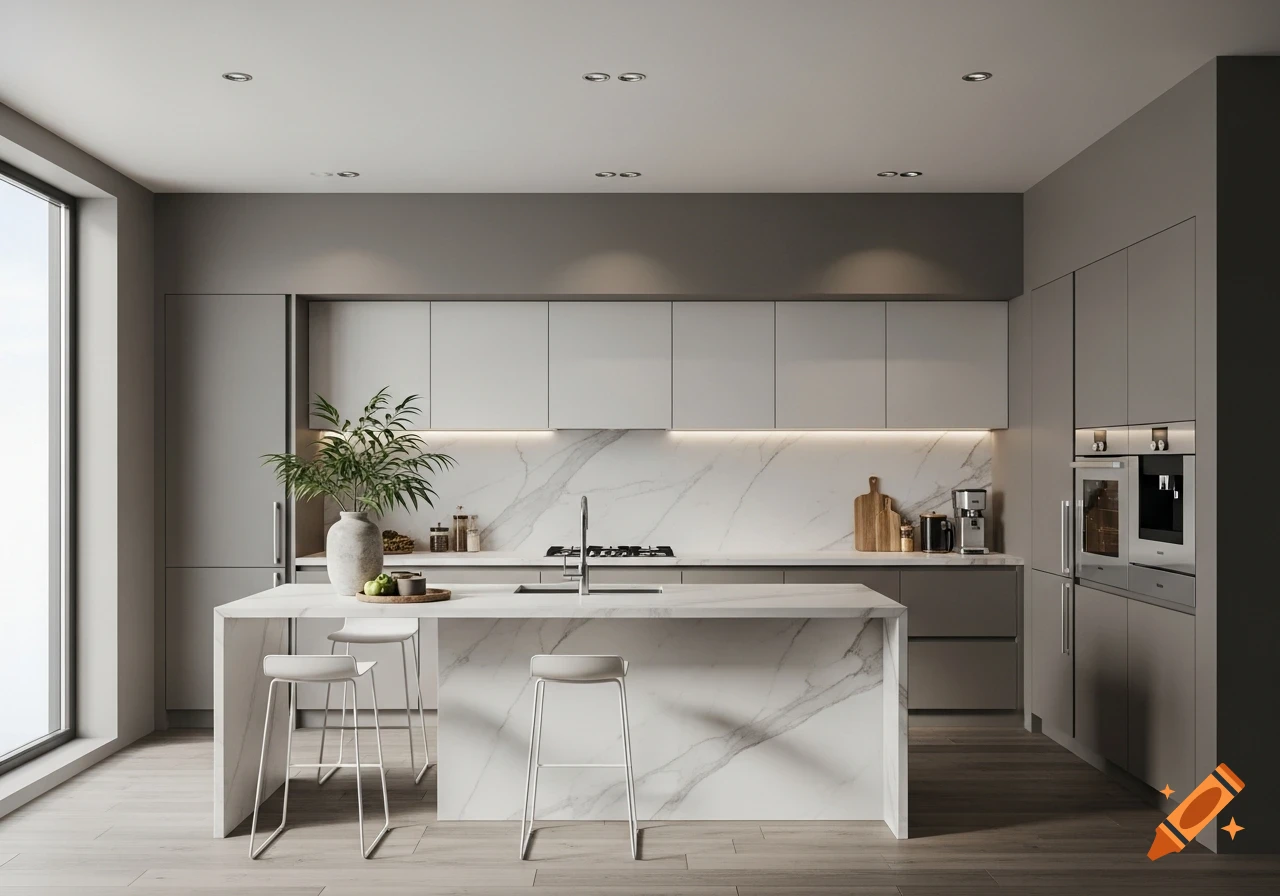 A sleek, modern kitchen with grey walls, a white marble island and countertops, light wood floors, and minimalist grey cabinetry.