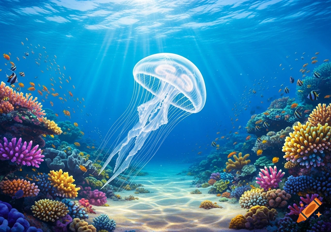 A translucent jellyfish swims gracefully over a vibrant coral reef teeming with colorful fish in a sunlit ocean.