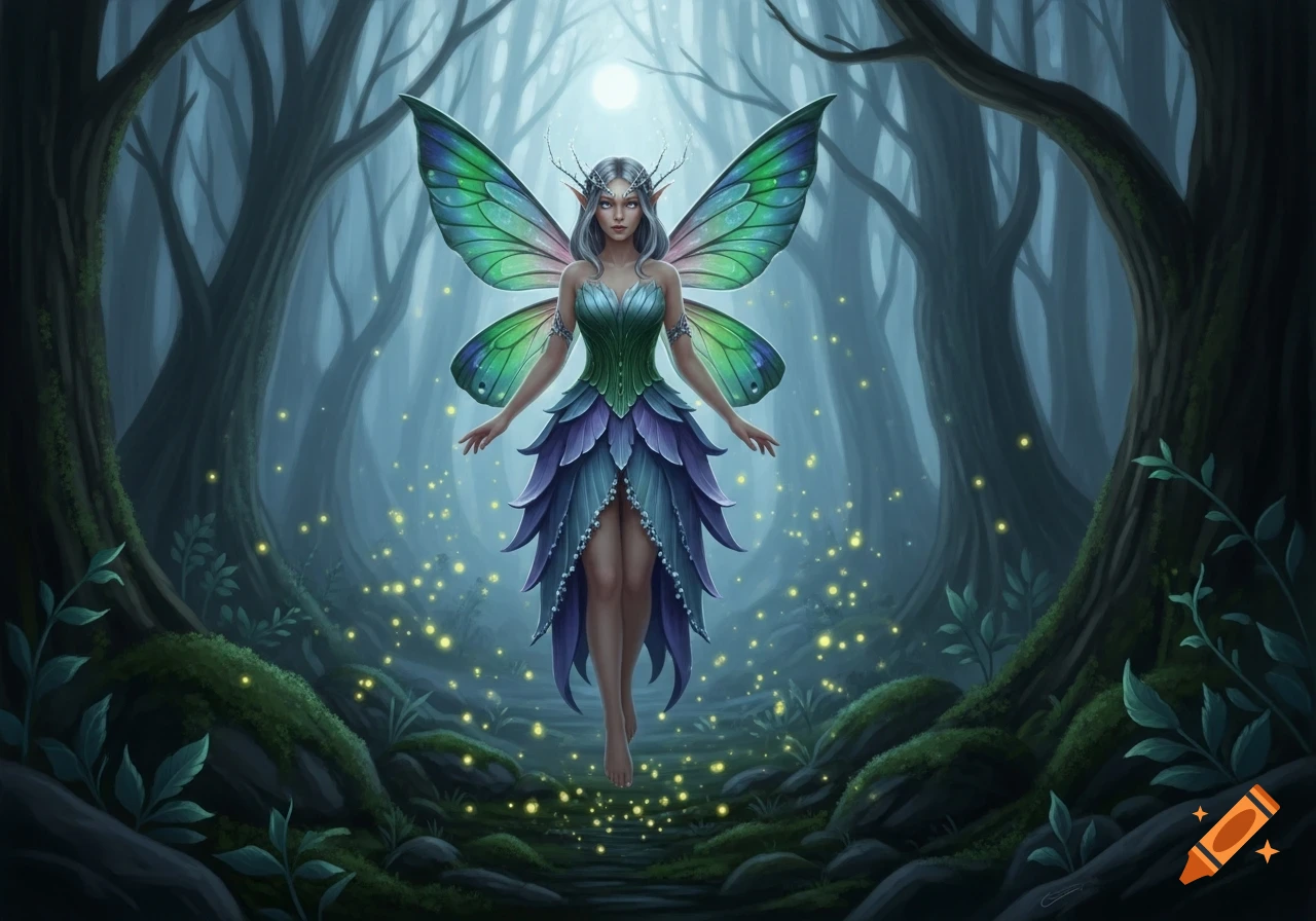 A fantasy illustration of a fairy with green and purple wings floating in a magical, glowing forest.