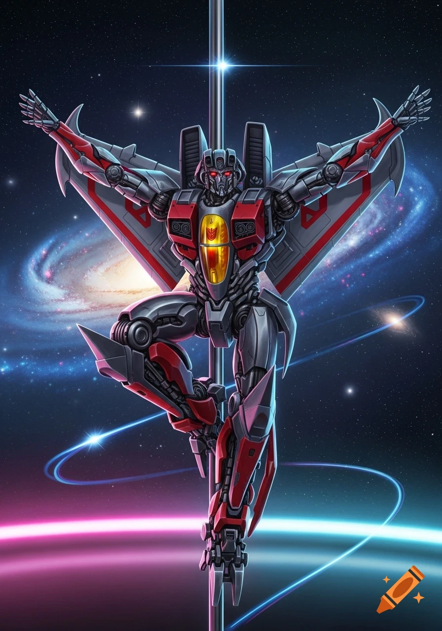 Starscream, a red and gray Transformer robot, pole dancing in space with a galaxy and nebulae in the background.