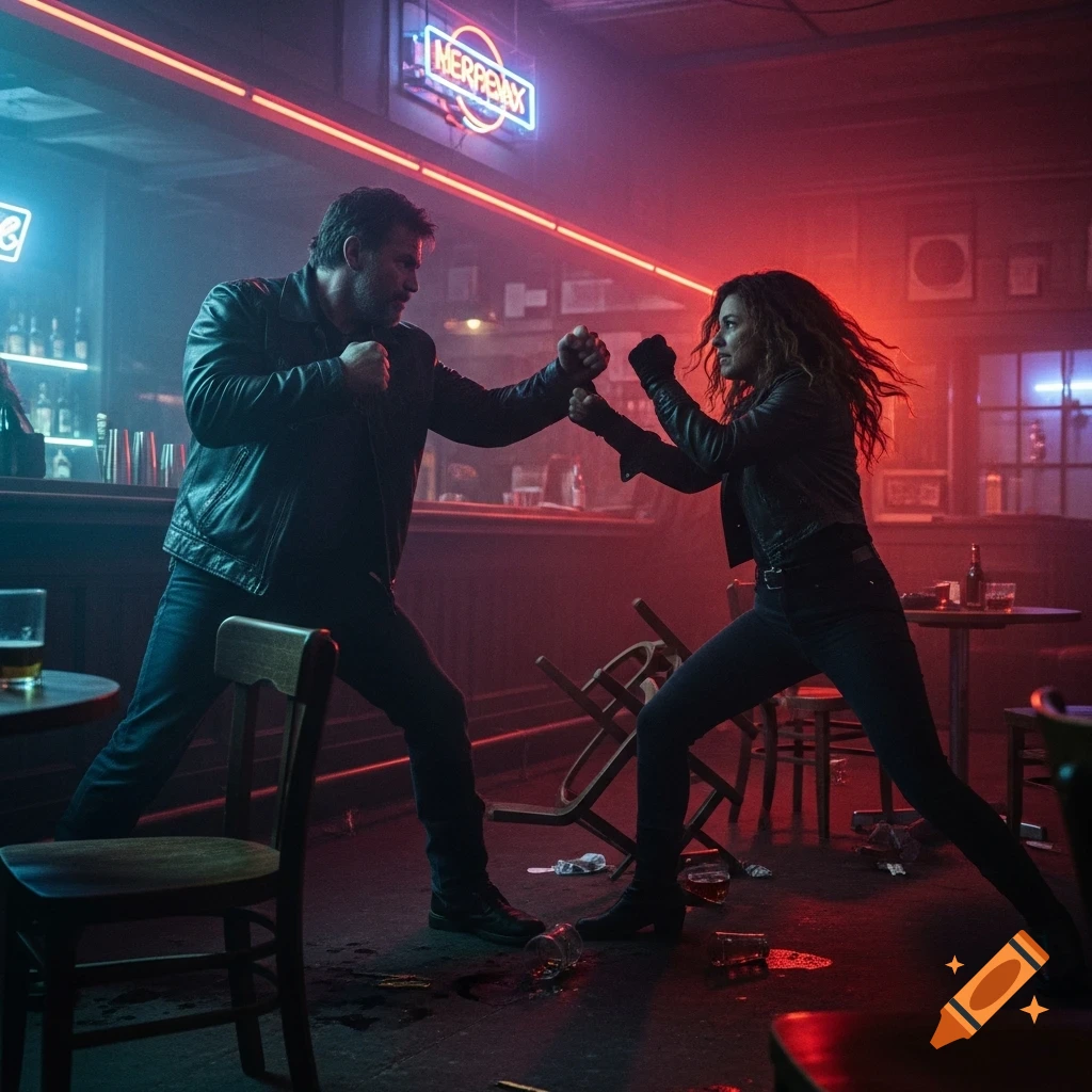 A man and a woman in leather jackets fighting in a dimly lit bar, illuminated by red and blue neon lights.