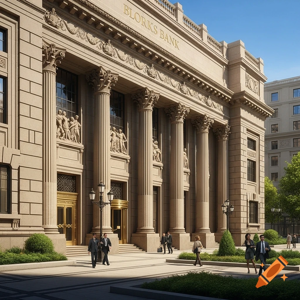 A grand classical bank building with ornate columns and sculptures, featuring 'BLORKS BANK' on its facade, with people walking on the plaza below. Photorealistic style.
