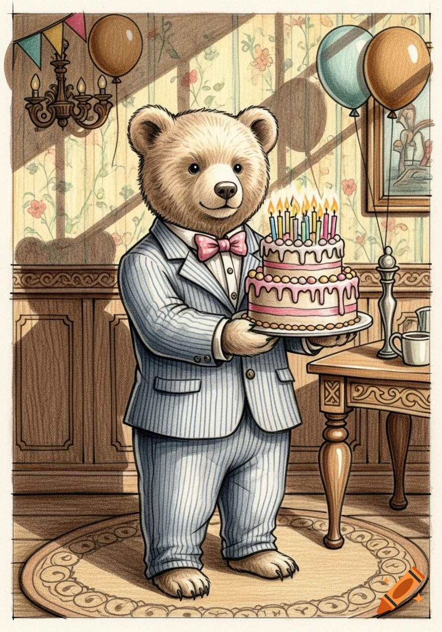 A cartoon bear in a pinstripe suit and bow tie holds a two-tier birthday cake with lit candles in a decorated room.
