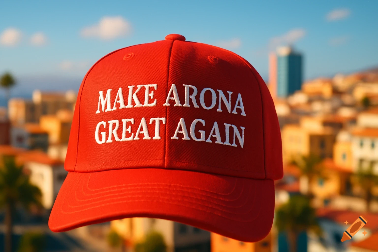 A red baseball cap with 'MAKE ARONA GREAT AGAIN' embroidered in white, set against a blurred sunny city background.