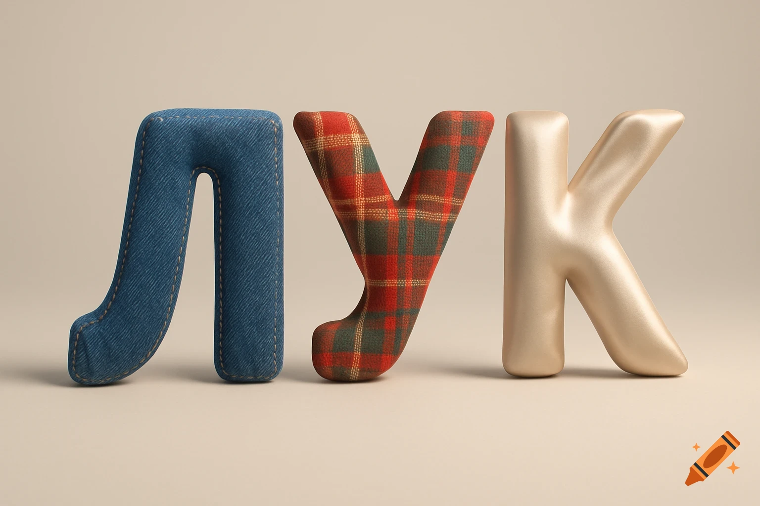 Three 3D letters spelling 'ЛУК', with 'Л' in denim, 'У' in plaid, and 'К' in silk texture.