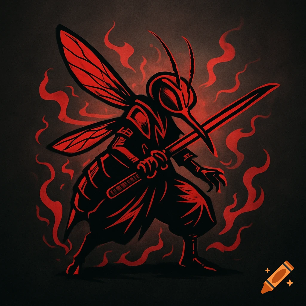 A stylized black and red mosquito-like warrior holding a katana sword, surrounded by red flames, in an anime-inspired logo style.