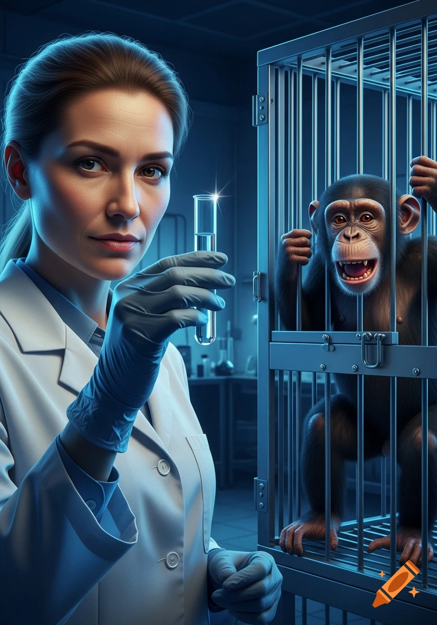 Hyperrealistic portrait of a female scientist in a lab holding a test tube, with a panicked chimpanzee in a cage behind her.