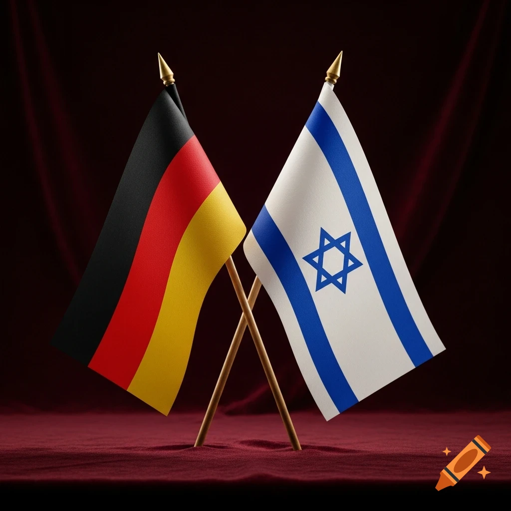 Two small national flags, Germany and Israel, crossed and standing upright on a red fabric surface.