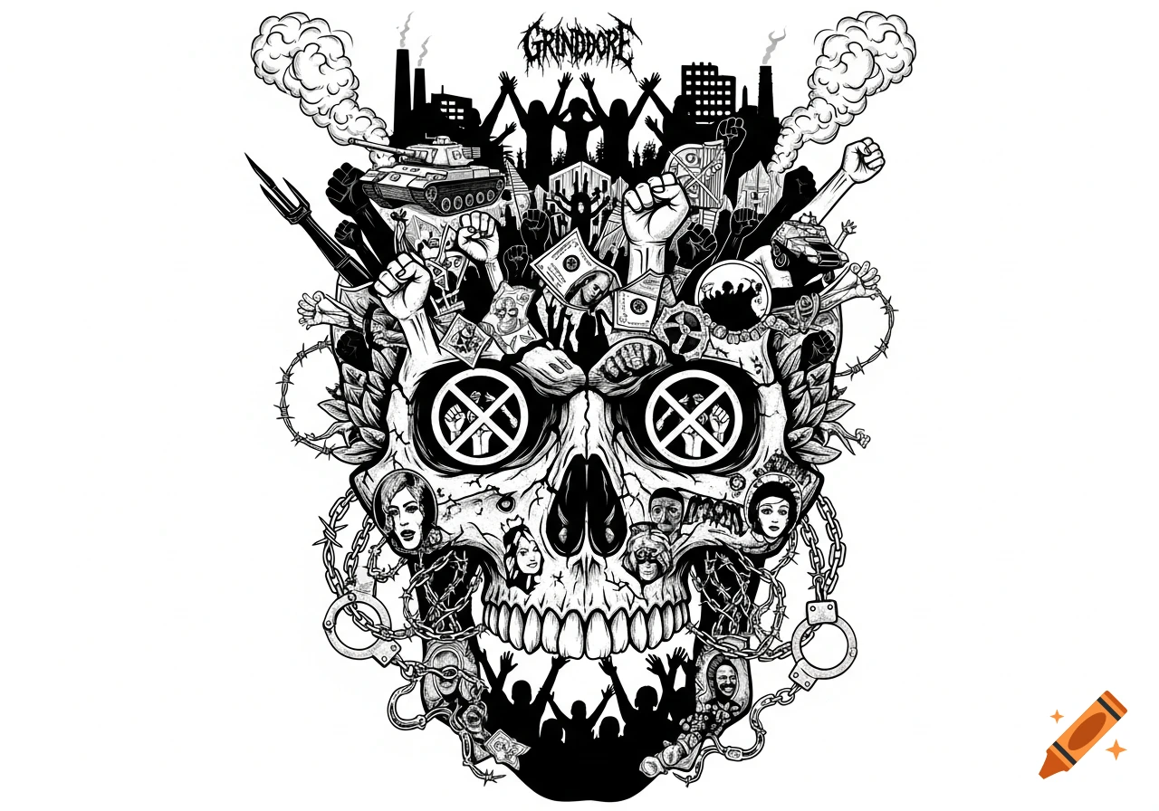 Black and white grindcore illustration of a skull formed by fists, tanks, factories, money, barbed wire, chains, and protesting figures.