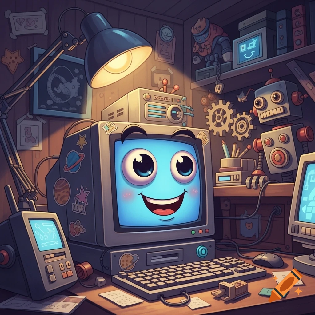 A smiling cartoon computer monitor on a cluttered desk with a lamp ...