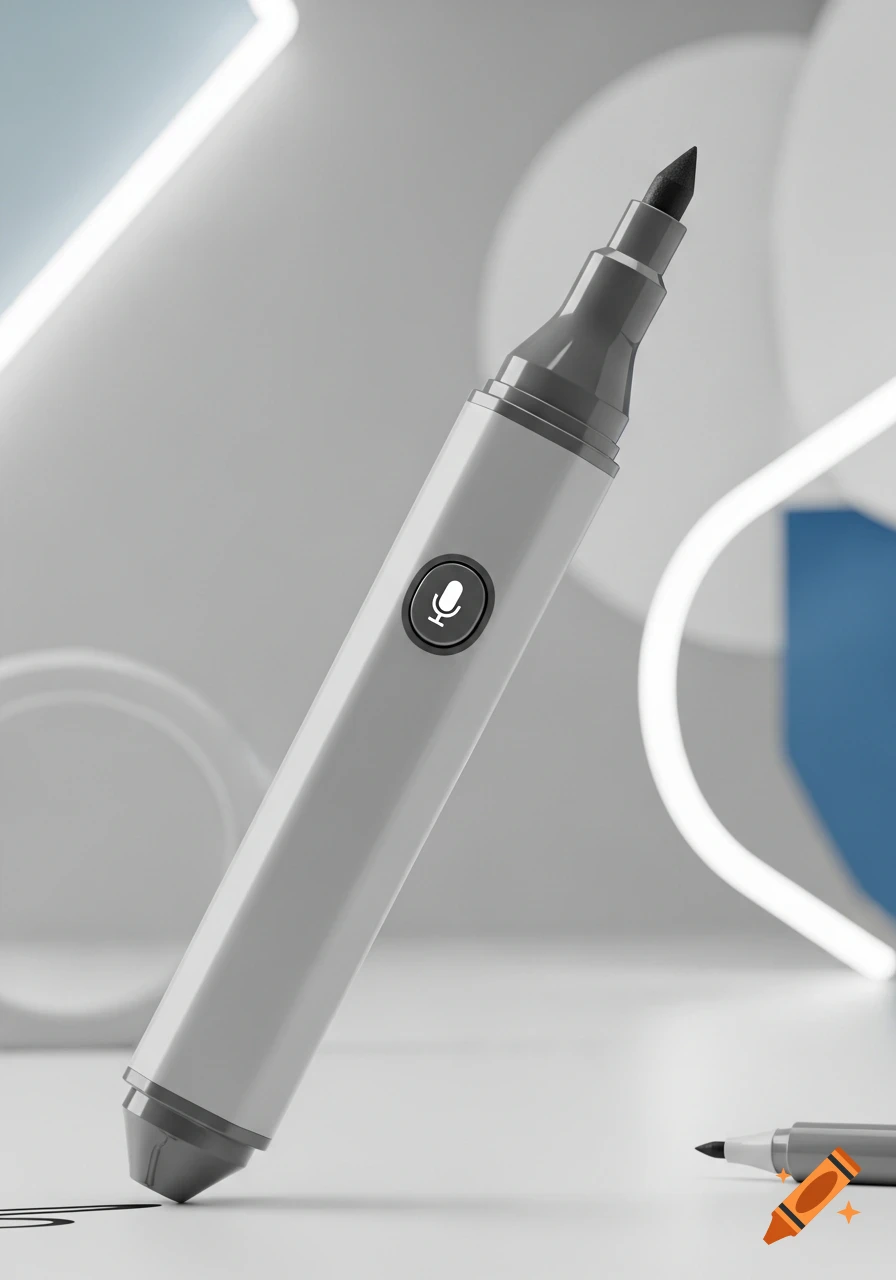 Sleek light gray marker pen with a black tip and a microphone button in a minimalist, photorealistic style.
